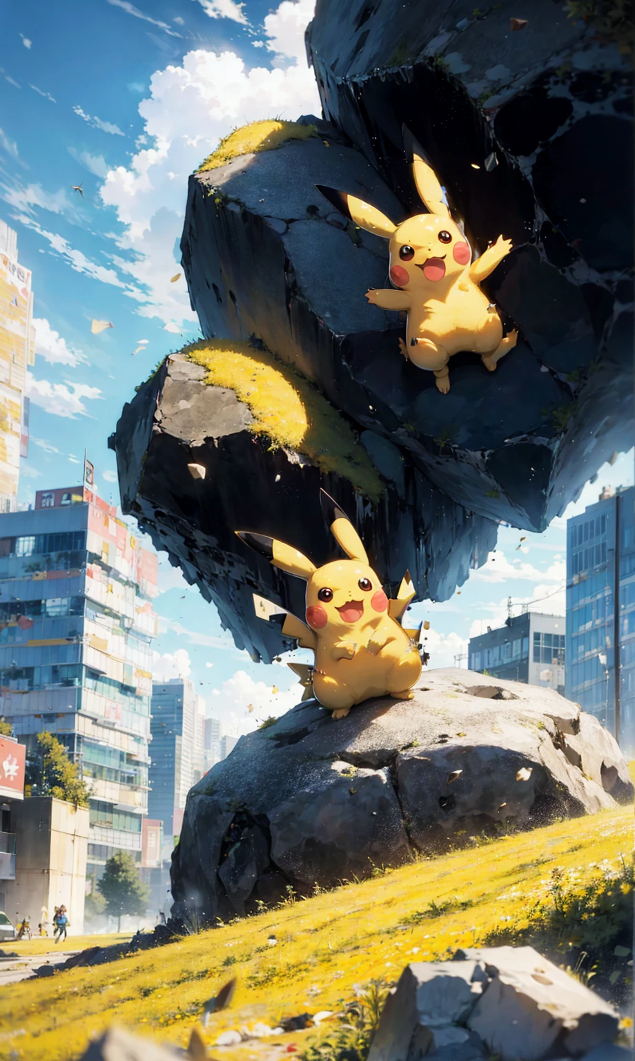 a photograph of pikachu standing on the ground after throwing a giant boulder. The boulder is crashing into a skyscraper and is causing destruction. exaggerated proportions.