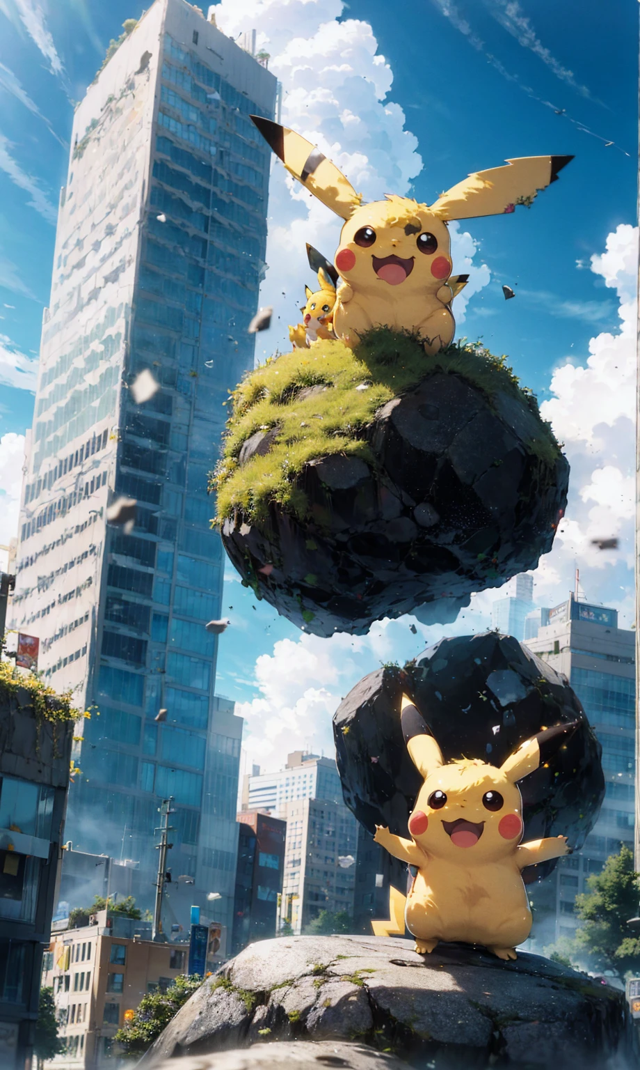 a photograph of pikachu standing on the ground after throwing a giant boulder. The boulder is crashing into a skyscraper and is causing destruction. exaggerated proportions.