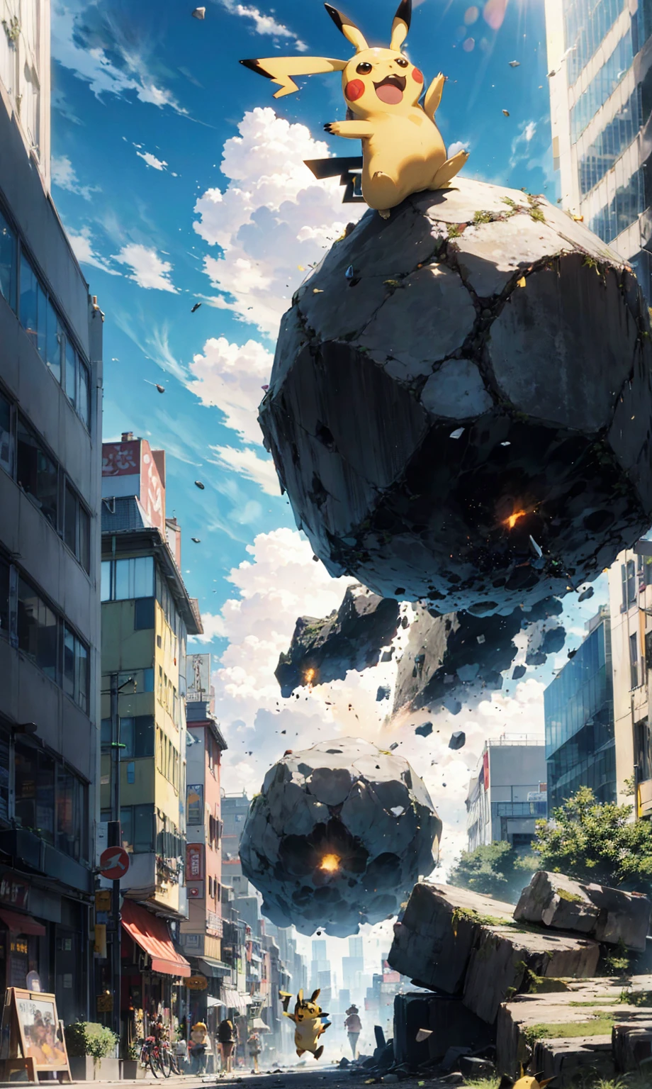 a photograph of pikachu standing on the ground after throwing a giant boulder. The boulder is crashing into a skyscraper and is causing destruction. exaggerated proportions.