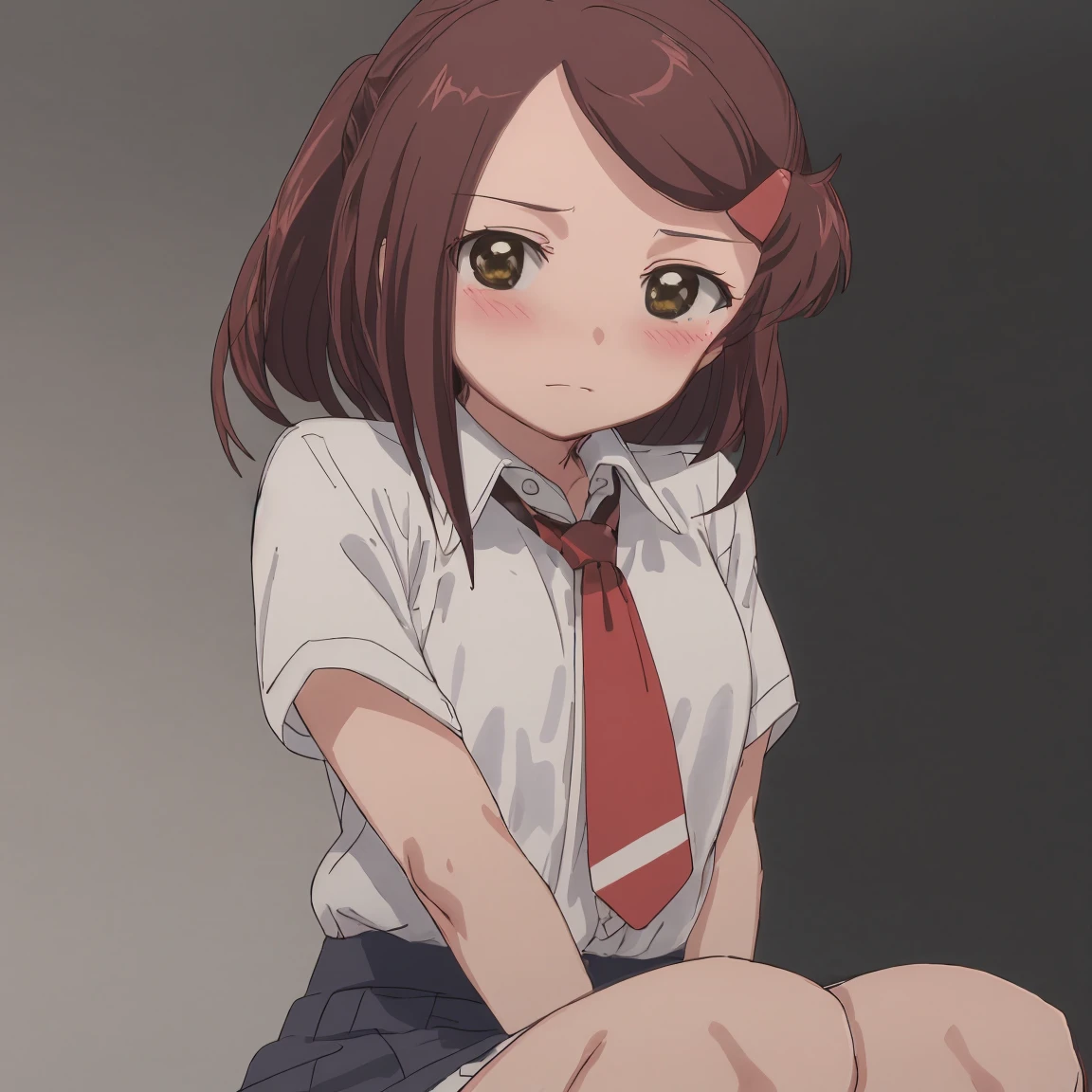 1girl, (suminoe_ako:1.3), sitting, knees up, solo, blush, upper body, closed mouth, skirt, white shirt, (red necktie:1.0), looking at viewer, (brown:1.0), short sleeves, arms behind back