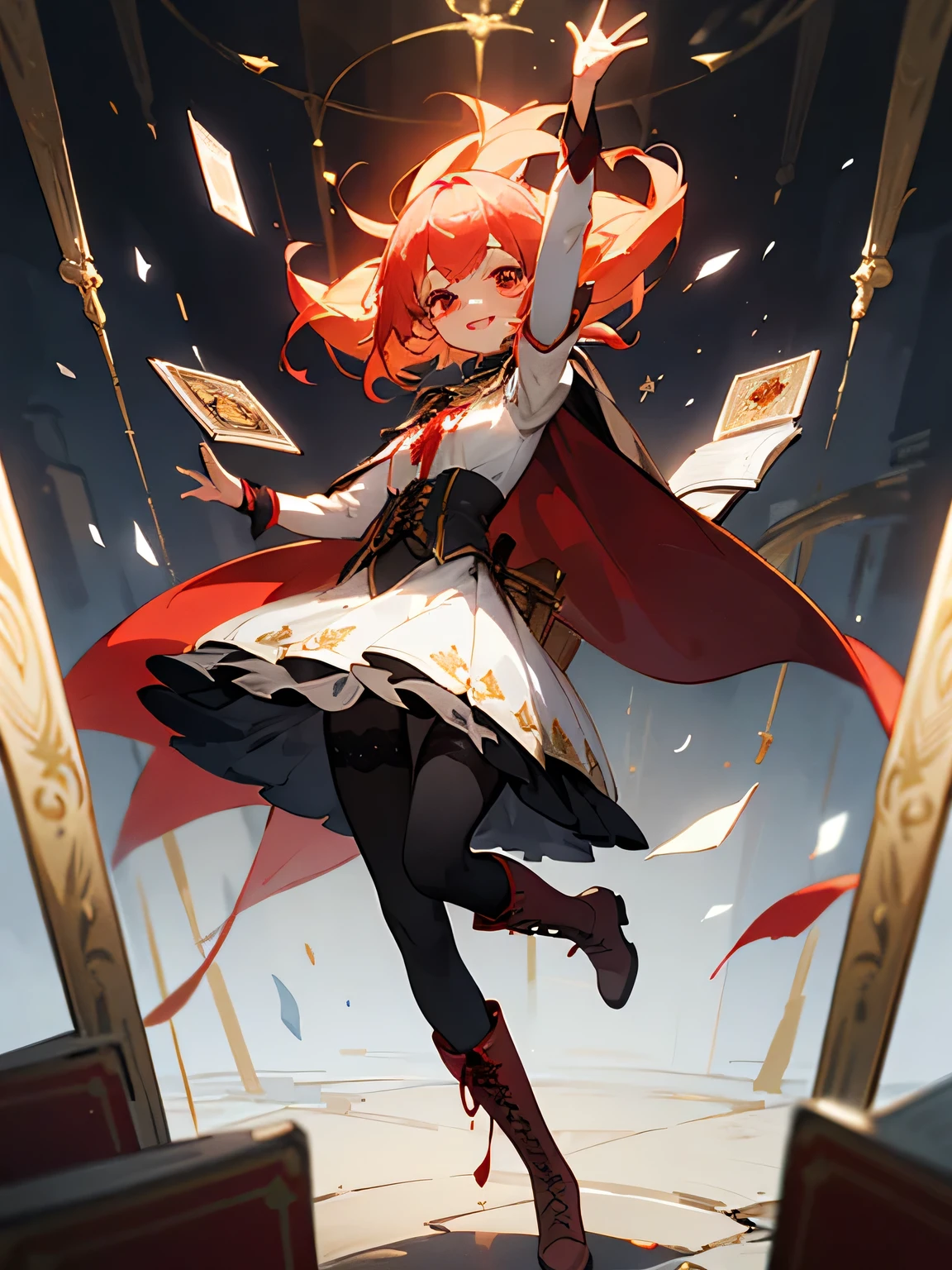 Beautiful illustrations, Highest quality, Cute  girl, (Conversion Sequence), Red Magical Girl, Military uniform and cape,Black tights,Red lace-up boots with gold trim , Tarot Cards(magician), smile, Baby Face, Bright red half-up, Beautiful fiery red eyes, Cinema Lighting, book of magic, View your viewers, from the front, Happy,whole body,whole body立ち絵,1 person