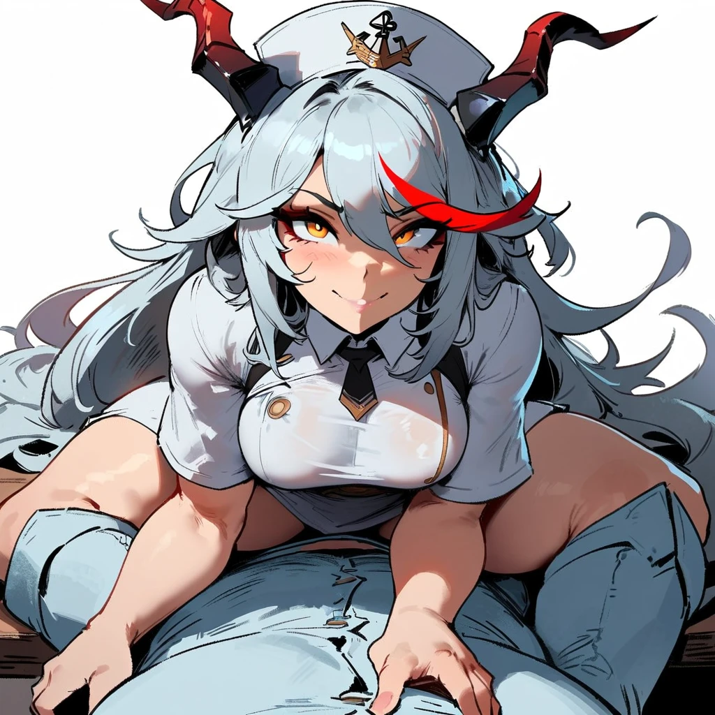 1girl 1boy, aegir \(azur lane\), azur lane \\\\\ masterpiece, best quality, very aesthetic, absurdres, newest \\\\\\ sportive body,  \\\\\\ by nyantcha,,by cutesexyrobutts,by khyle ///// white hair with a single prominent red streak, black horns, yellow eyes,  , white (nurse outfit:1.2), skirt, , white pencil skirt, nurse cap, , , a red cross on the cap,, (white background:1.2), , horny smile,pov, she sit on top, visible panties, boy in white clothes, she sit on him, cowgirl position