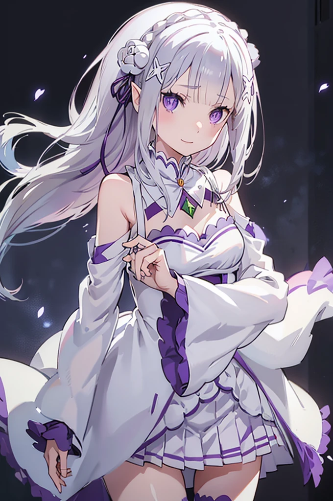 emilia, 
Rezero emilia, 
1girl, perfect anatomy, correct anatomy,perfect proportion, perfect hands, perfect legs, (perfect fingers:1.5), 
best illustration, masterpiece, best quality, (anime screencap:0.8), (official art:0.7), detailed beautiful face and eyes,  BREAK long hair, low-tied long hair, braid, crown braid, animate, anime keyvisual, white hair, 
(purple eyes:1.2), (beautiful detailed eyes:1.6),
looking at viewer, 
pointy ears,
BREAK smile, 
dress, pink dress, BREAK bare shoulders, detached collar, long sleeves, shoulder cutout, wide sleeves, white sleeves, 
medium breasts, 
zettai ryouiki, 
flower, hair flower, hair ornament, hair ribbon,   white flower, x hair ornament,
cowboy shot ,
perfect lighting,
background of indoor, 