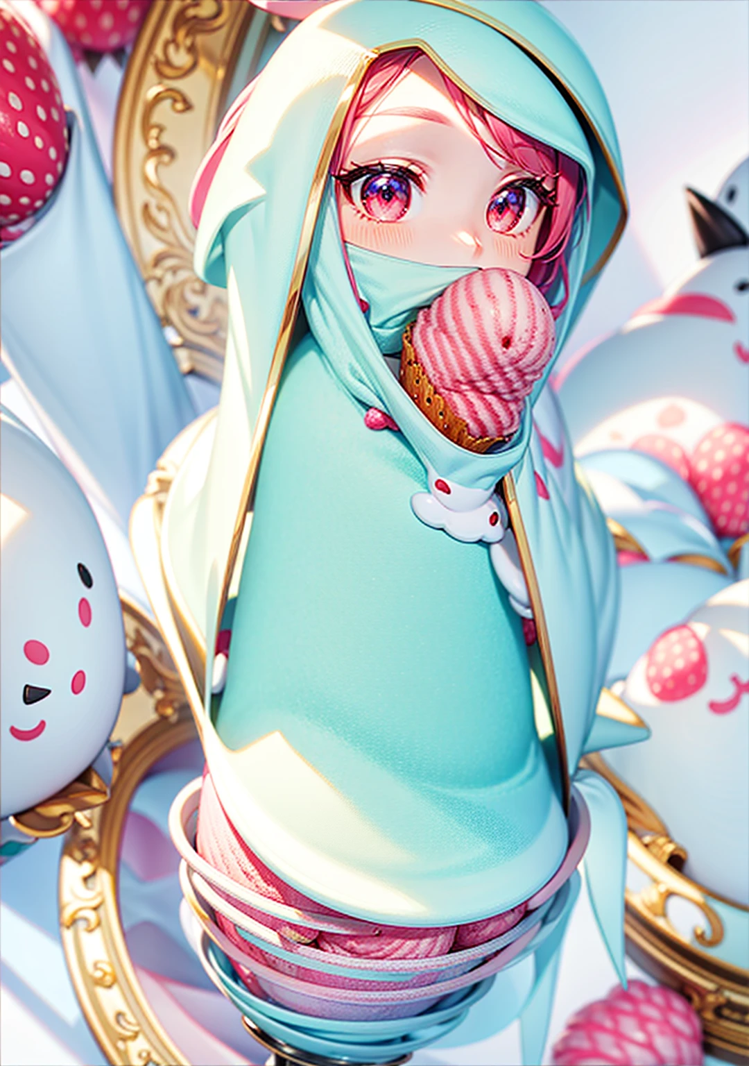 Strawberry ice cream in cone, (ice cream:1.2), cute pinguin shaped ice cream, delicious, (masterpiece:1.3)