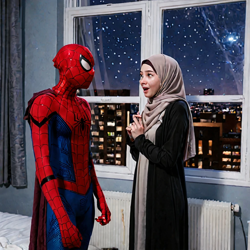 Pale skin Woman in straight hijab talking with marvel spiderman Peter Parker in young room night standing open windows