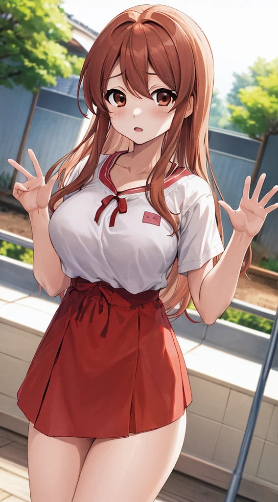 In underwear、Panties in full view、白のパンティ、白のブラジャー bra 1, 1girl, asahina mikuru, long hair, kita high , solo, short sleeves, red ribbon, large breasts, cowboy shot, waving, outdoors, leaning forward,