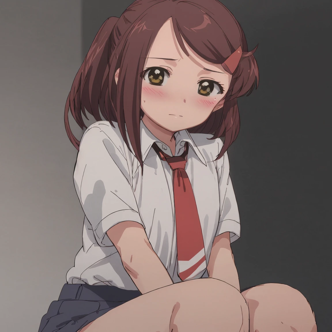 1girl, (suminoe_ako:1.3), sitting, (knees up:1.2), solo, blush, upper body, closed mouth, skirt, white shirt, (red necktie:1.0), looking at viewer, (brown:1.0), short sleeves, arms behind back