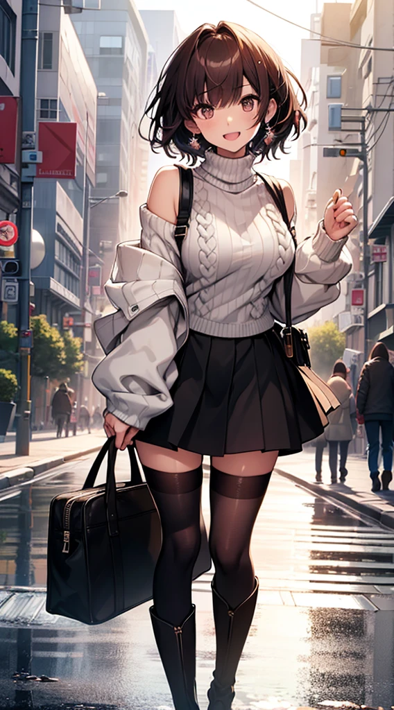 top-quality、supreme1People Girls,hightquality,A detailed face、A detailed eye、Detailed nose、Detailed mouth、 Beautiful expression, ((masuter piece)), ((High resolution)), ((Best Quality)), detail, (Excited face.Very happy,),(Off-shoulder knit sweater、Tight mini skirt、Black stockings、long boots、One bag)、 girl with, Red-haired, (short-hair)、Standing figure、fair white skin:1.3、、Big breasts, cinmatic lighting, perfectly shaded,(((In the street))), Realistic lighting with shades,Reflecting the whole body