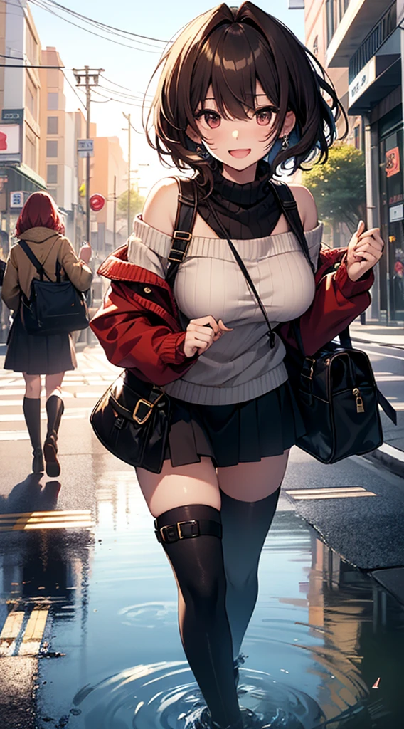 top-quality、supreme1People Girls,hightquality,A detailed face、A detailed eye、Detailed nose、Detailed mouth、 Beautiful expression, ((masuter piece)), ((High resolution)), ((Best Quality)), detail, (Excited face.Very happy,),(Off-shoulder knit sweater、Tight mini skirt、Black stockings、long boots、One bag)、 girl with, Red-haired, (short-hair)、Standing figure、fair white skin:1.3、、Big breasts, cinmatic lighting, perfectly shaded,(((In the street))), Realistic lighting with shades,Reflecting the whole body