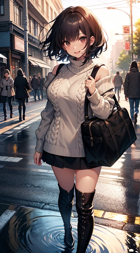 top-quality、supreme1People Girls,hightquality,A detailed face、A detailed eye、Detailed nose、Detailed mouth、 Beautiful expression, ((masuter piece)), ((High resolution)), ((Best Quality)), detail, (Excited face.Very happy,),(Off-shoulder knit sweater、Tight mini skirt、Black stockings、long boots、One bag)、 girl with, Red-haired, (short-hair)、Standing figure、fair white skin:1.3、、Big breasts, cinmatic lighting, perfectly shaded,(((In the street))), Realistic lighting with shades,Reflecting the whole body