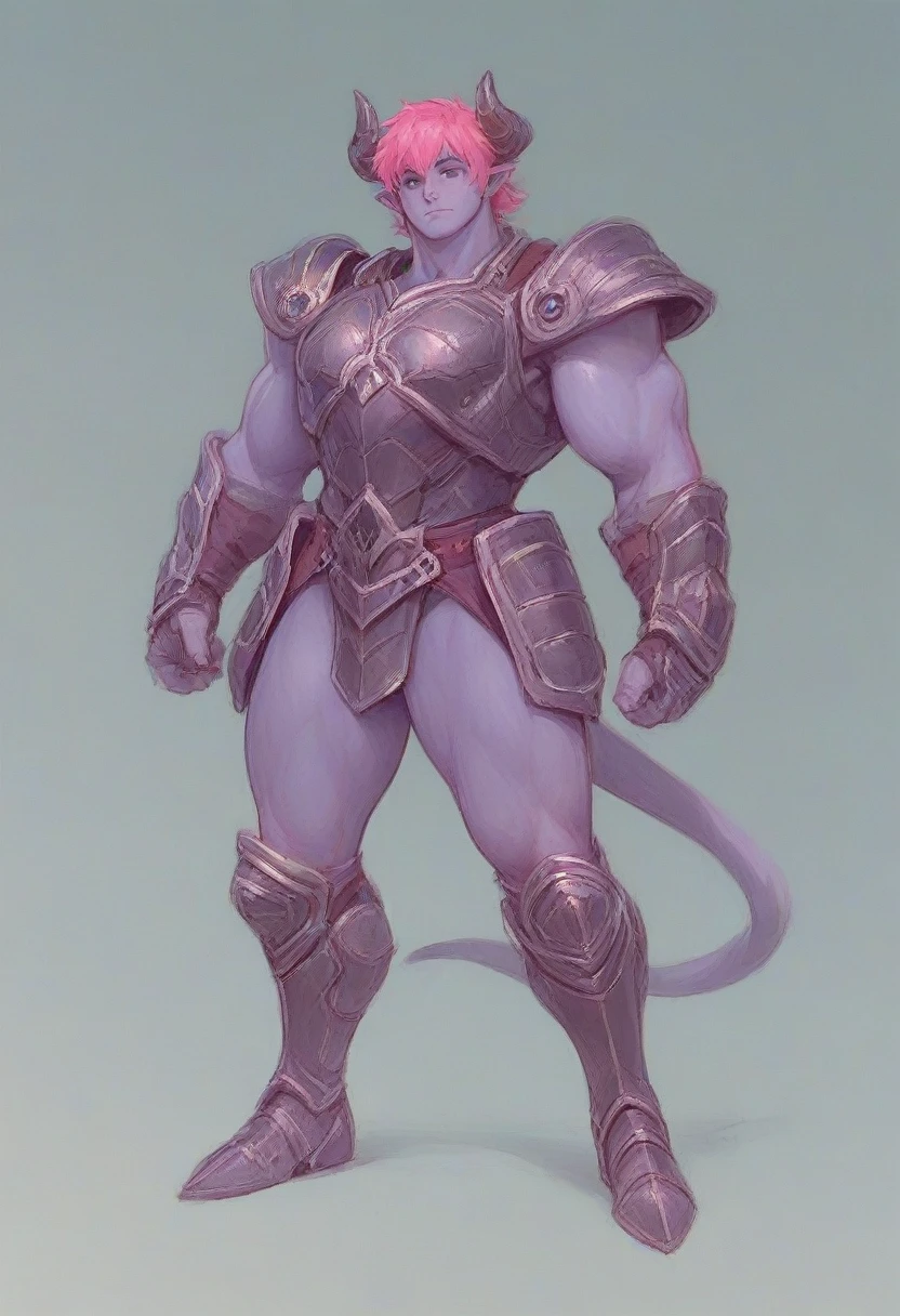 A purple skin man, with pink hair and horns, buff, athletic, big muscles, full body armor, warrior, big chest, manly face