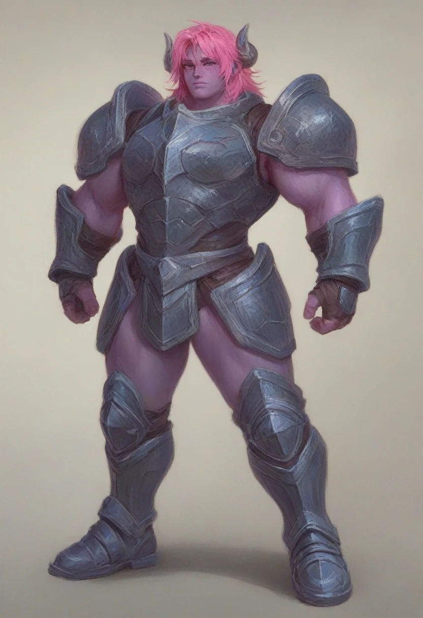 A purple skin man, with pink hair and horns, buff, athletic, big muscles, full body armor, warrior, big chest, manly face, evil, devilish, red eyes, villain