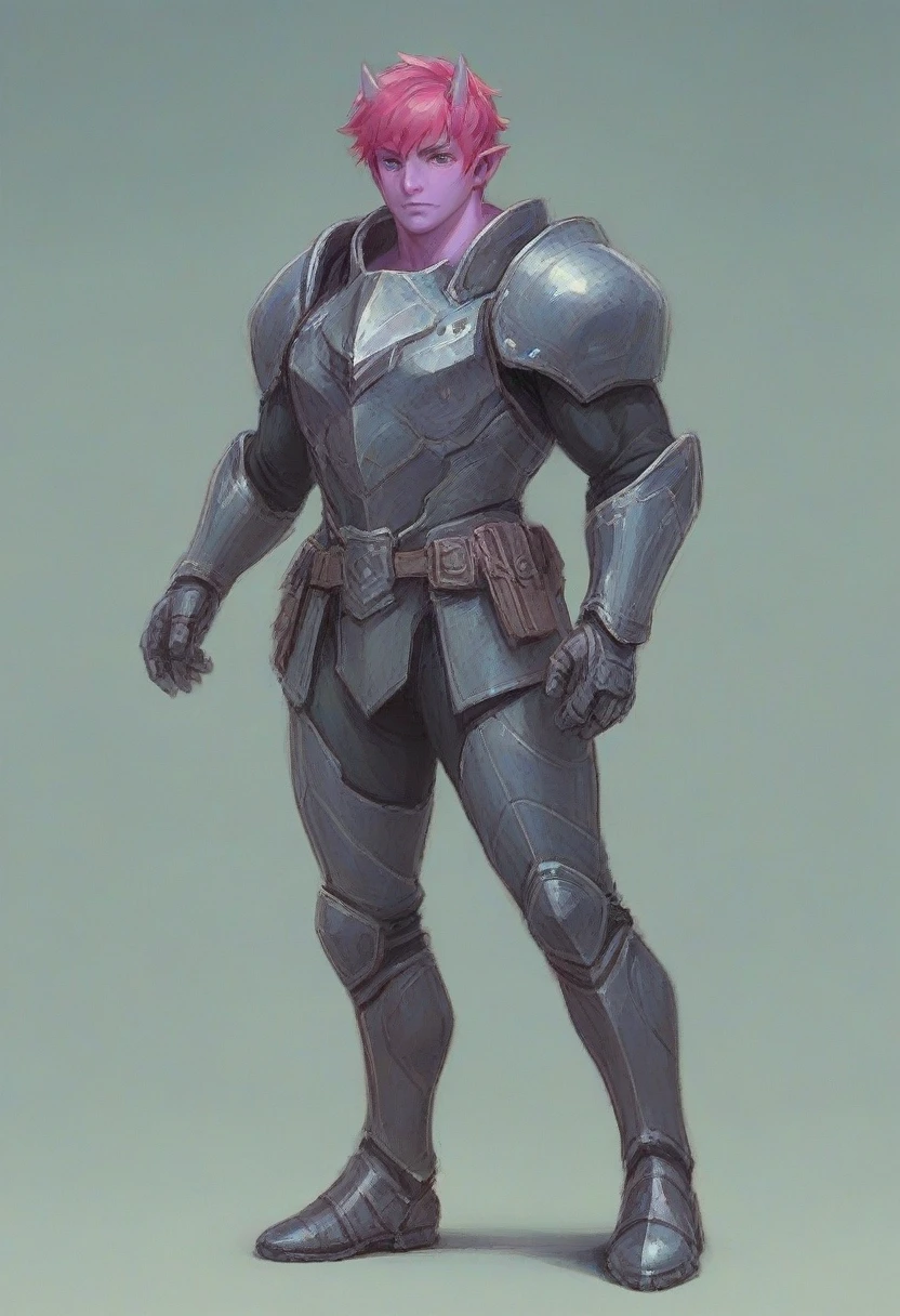 A purple skin man, with pink hair and horns, buff, athletic, big muscles, full body armor, warrior, big chest, manly face