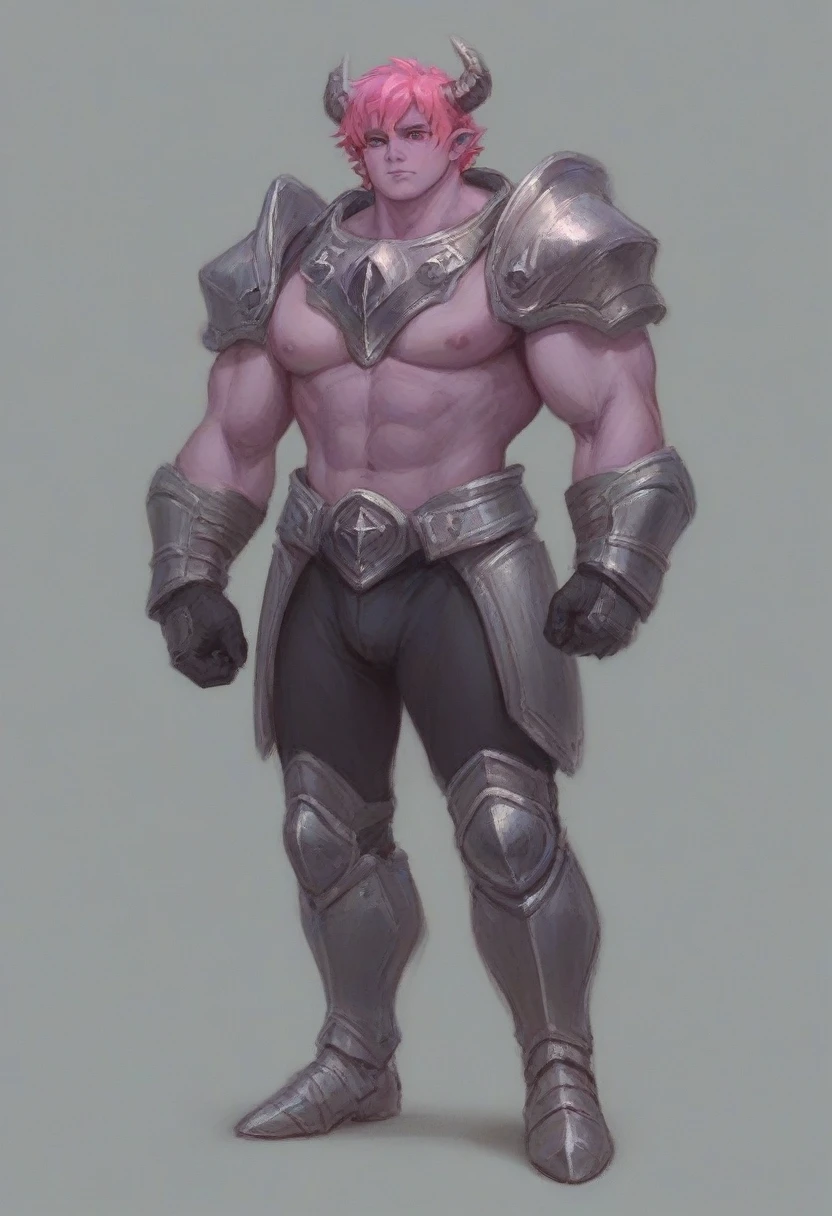 A purple skin man, with pink hair and horns, buff, athletic, big muscles, full body armor, warrior, big chest, manly face