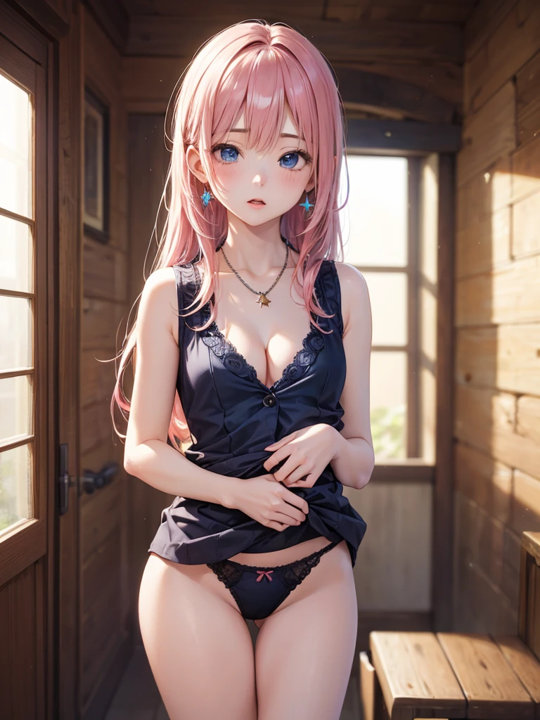 Highest quality 8K resolution,masterpiece, Exquisite detail, Realistic, Realistic, Soft tones,Color Palette, Alone, (25 year old girl:1.6),(Small eyes:1.5), (Long Hair:1.5), Shiny pink hair,Asymmetrical bangs,(No bra), (Sleeveless lift:1.5),(Simple underwear),Beautiful proportions,Open your mouth,(Shiny white skin),Very beautiful detailed eyes,blue eyes, (Mid-chest,Cleavage:1.3), necklace,Earrings,Star motif accessories,Cowboy Shot, Are standing, indoor,Detailed clothing,7 lifespan,(low length)