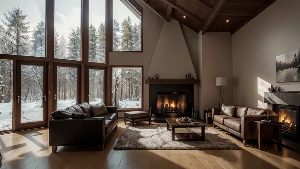 night，Arav living room with fireplace and large windows,Floor-to-ceiling windows，There is snow outside the window， A subtle matte inspired by Einar Hakonarson, cg Social Hotspot, modernism, Warm interior, Cozy living room, Comfortable living room interior, Comfortable contemporary living room, Warm interiors, Modern house in the woods, Comfortable living room, House in the Forest, Luxurious environment, Photorealistic rendering with Unreal Engine