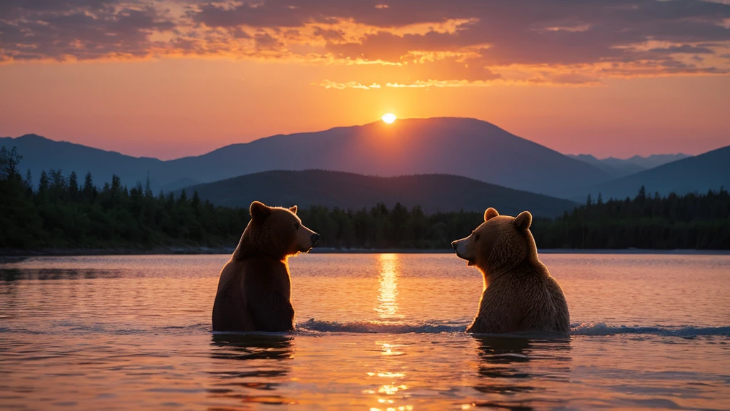Illustration of a bear、Sunset