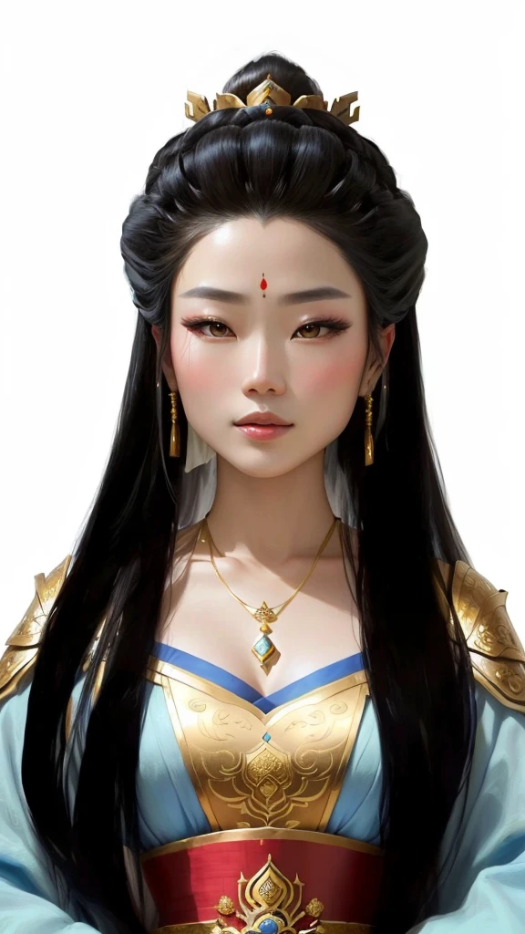 Close-up of a woman wearing gold and blue Dunhuang costume, Chinese Princess, Wearing a golden crown,Wearing a silver necklace,Portrait of Mulan, Inspired by Lan Ying, Star Trek Asian Woman, Chinese Queen, Inspired by Li Tang, Inspired by trees, A young woman plays, Inspired by Zhao Zuo, ancient Chinese Princess, Inspired by Wu Li, Asian Dynasty Princess