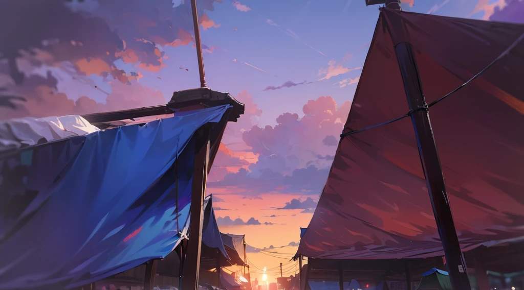 (under tarp canopy, wooden pole, under the market tents, under the canopies), wire, buildings roofs farr away, low angle, dawn sky, early morning,
