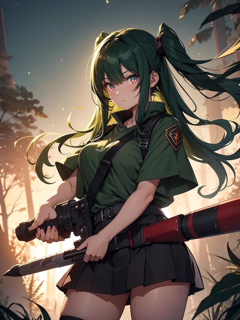 midnight forest view, solo, 1 girl, 16yo, highschool girl, short sleeve, holding war hammer, dark green hair, twintails, red eyes, (beautiful face and beautiful eyes:1.36), plump body