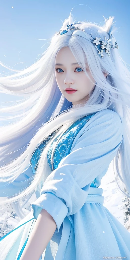 a girl with long white hair and a blue dress in the snow, white haired deity, white hair floating in air, fantasy illustration, flowing white hair, beautiful young wind spirit, beautiful fantasy anime, glowing flowing hair, ethereal, beautiful anime artwork, beautiful digital artwork, fantasy artwork, ((a beautiful fantasy empress)), 2. 5 d cgi anime fantasy artwork
