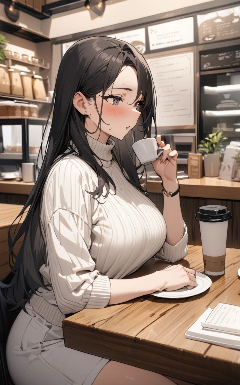 (masterpiece, Highest quality:1.2), Mature Woman、50 years old、Black long hair、{wrinkle}、White tight sweater、{Flesh-colored jacket}、White short skirt、Coffee shop