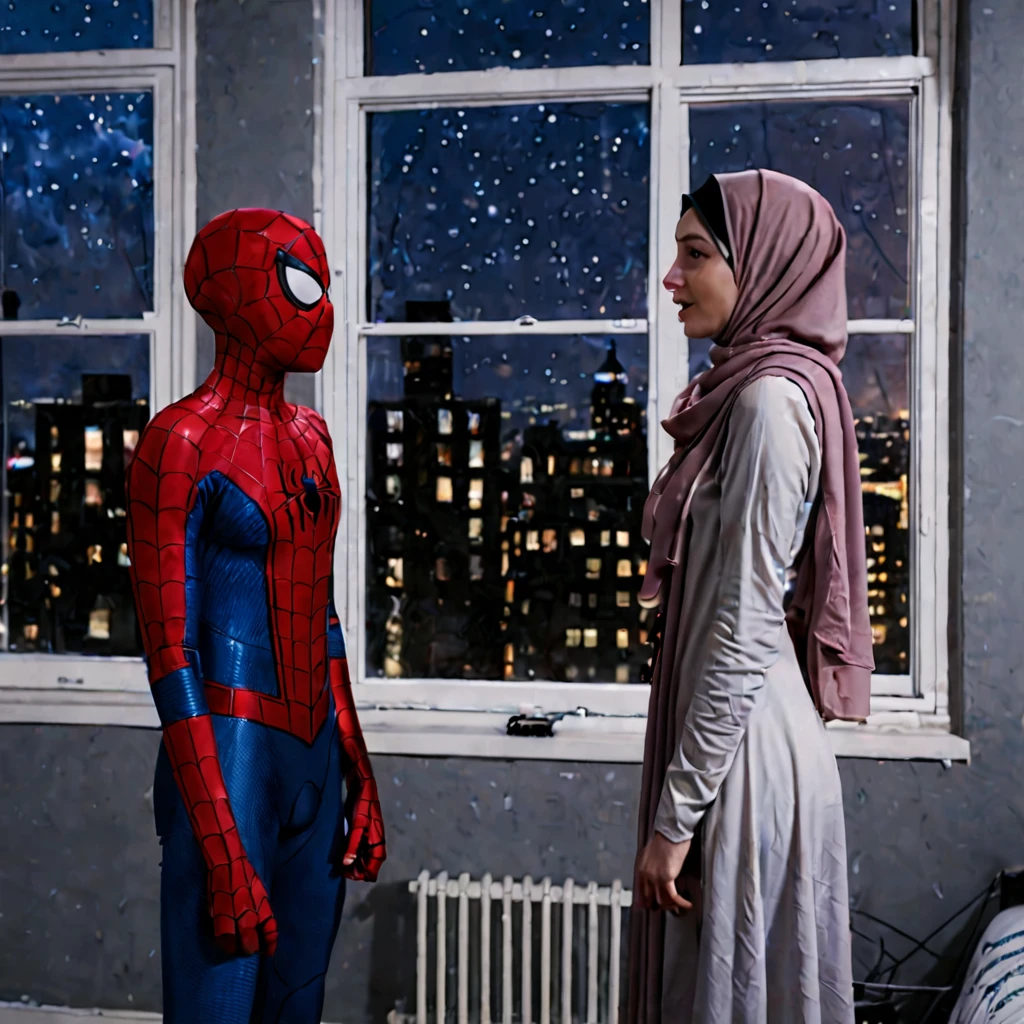 Pale skin Woman in straight hijab talking with marvel spiderman Peter Parker in young room night standing open windows