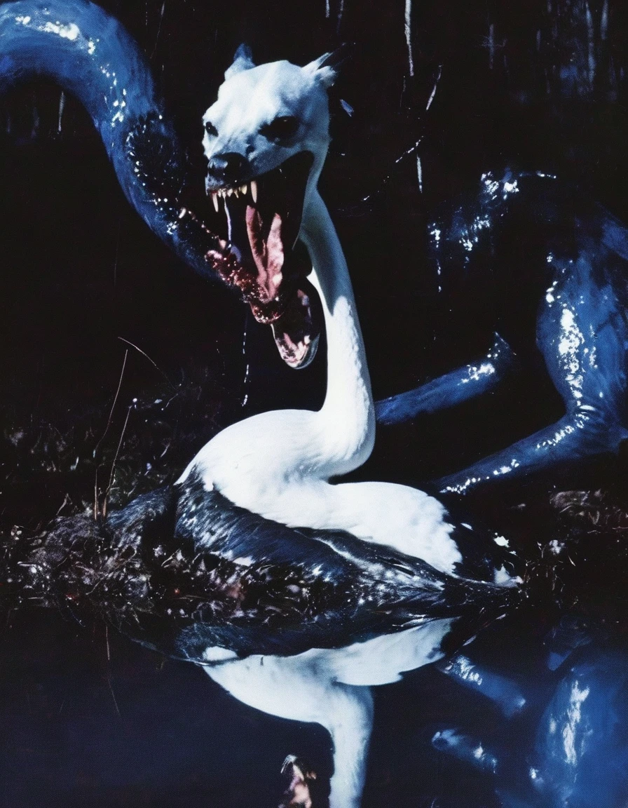 film photography, vintage, close up photo of black filth eating white swan covered in blood in black water, blue dark forest night background