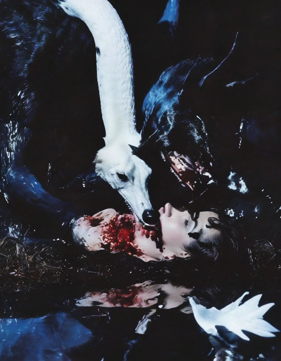 film photography, vintage, close up photo of black filth eating white swan covered in blood in black water, blue dark forest night background