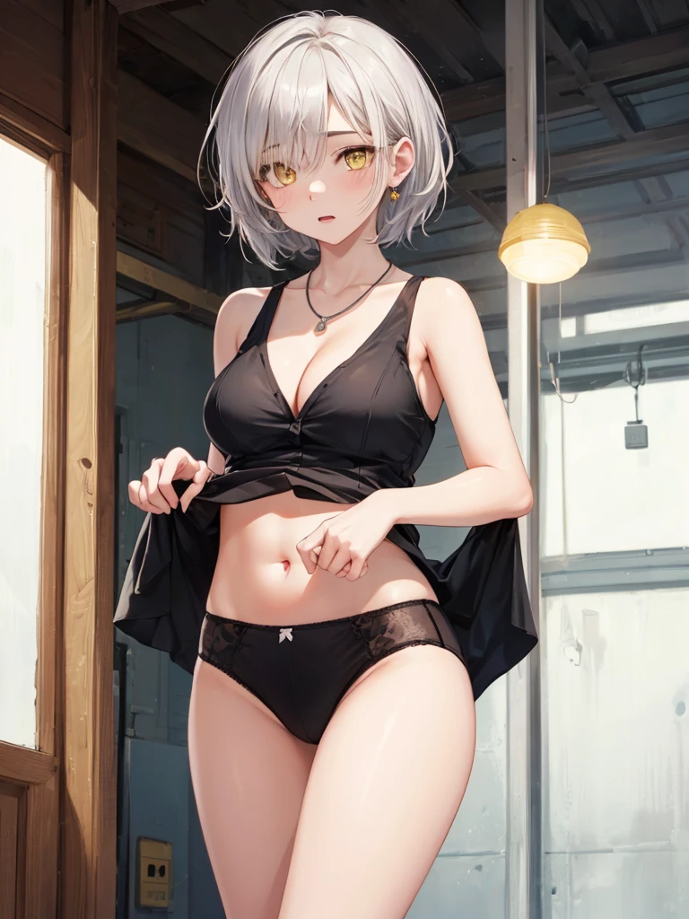 Highest quality 8K resolution,masterpiece, Exquisite detail, Realistic, Realistic, Soft tones,Color Palette, Alone, (25 year old girl:1.6),(Small eyes,Yellow Eyes:1.5), (Short Hair:1.5), Shiny silver hair,Asymmetrical bangs,(No bra), (Sleeveless lift:1.5),(Simple underwear),Beautiful proportions,Open your mouth,(Shiny white skin),(Detailed and sparkling eyes,Cat Eyes), (Big breasts,Cleavage:1.3), necklace,Earrings,accessories,Cowboy Shot, Are standing, indoor,Detailed clothing,7 lifespan,(low length),Sulky look