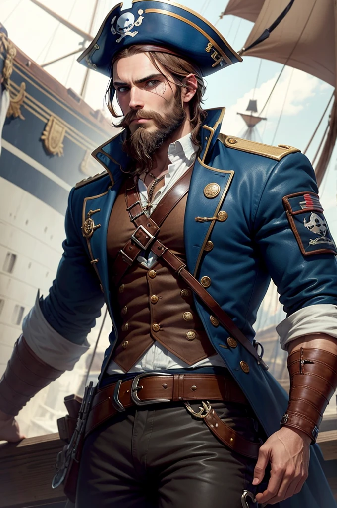 1 man, pirate Capitan, blue eyes, black eye patch on eye, brown hair, long brown beard, blue jacket, white undershirt, belt, on a ship