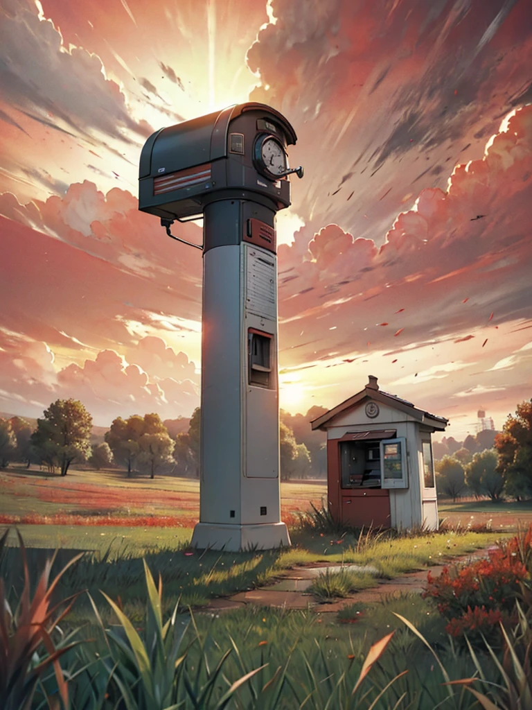 Post machine in middle of Grass field , red sky , cloudy weather ,