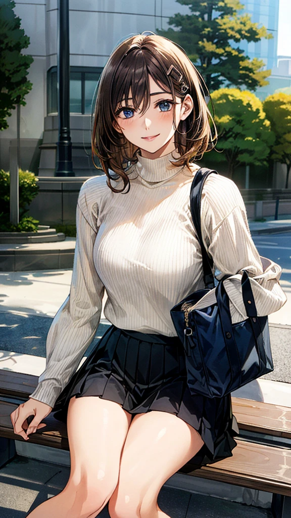 (masterpiece:1.3, top-quality), (realistic, photorealistic:1.4), beautiful illustration, (natural side lighting, movie lighting), 
looking down, full body, from below, 1 girl, japanese, (receptionist), 20 years old, perfect face, (perfect anatomy), cute and symmetrical face, shiny skin, 
(short hair, straight hair, light brown hair), hair between eyes, dark blue eyes, hair clip, long eye lasher, (medium breasts, seductive thighs, big ass), 
beautiful hair, beautiful face, beautiful detailed eyes, beautiful clavicle, beautiful body, beautiful chest, beautiful thigh, beautiful legs, beautiful fingers, 
((insanely detailed clothes, ivory high neck sweater, black pleated skirt, tote bag)), 
(beautiful scenery), depth of field, late afternoon, (park, cityscape in the distance, sitting park bench), holding phone, drinking fountain, (happy smile), 