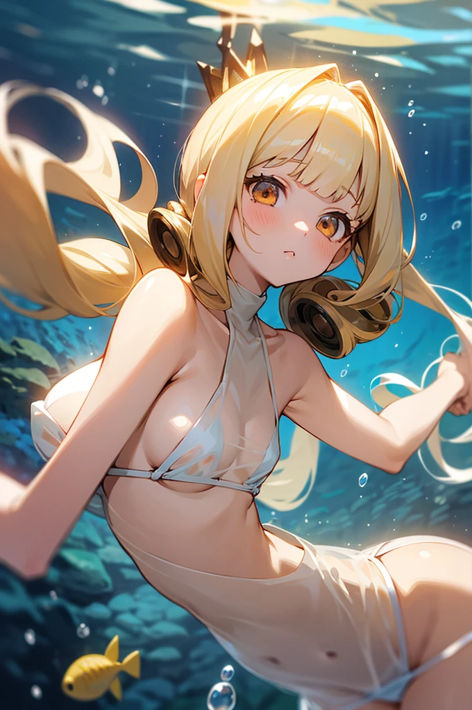 1girl, pretty face, blunt bangs, Long hair, drill hair, twin drills, blonde hair, shiny hair, glow eyes, jitome, brown eyes, tsurime, white skin, huge breasts, Short body, White Very small bikini, micro bikini, see-through, Under the sea