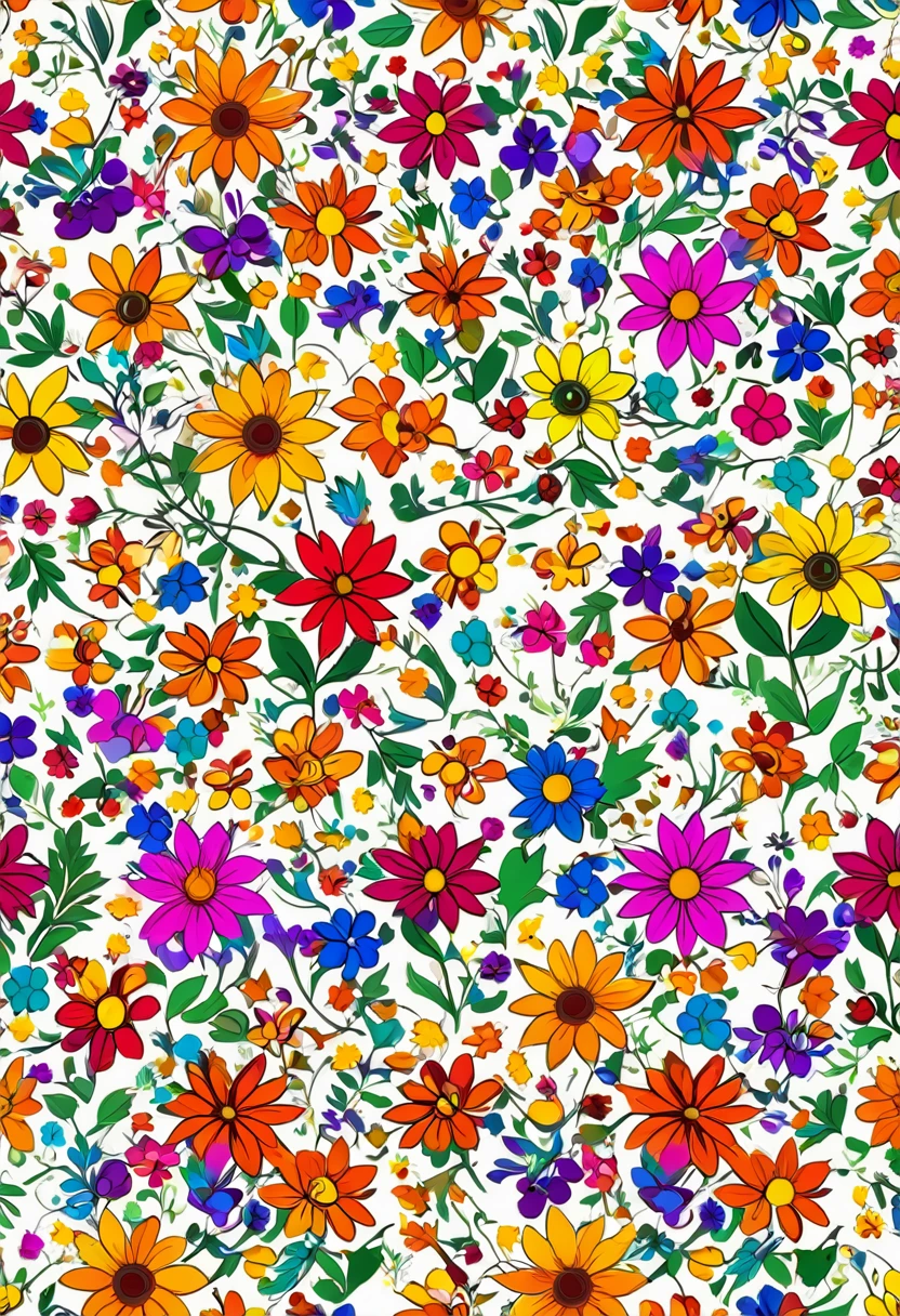 Pattern of colorful flowers in many colors on white background, Summer color pattern, Floral Pattern, flower power motifs, Garden flowers pattern, Seamless pattern design, Flowers colorful, flowery, Mottled flowers, flowery wallpaper, Seamless pattern :: symmetry, flower power, Flower background, Flower Wallpaper, Colorful flowers, Background chaos flowers, Repeating Pattern, Stylized geometric flowers