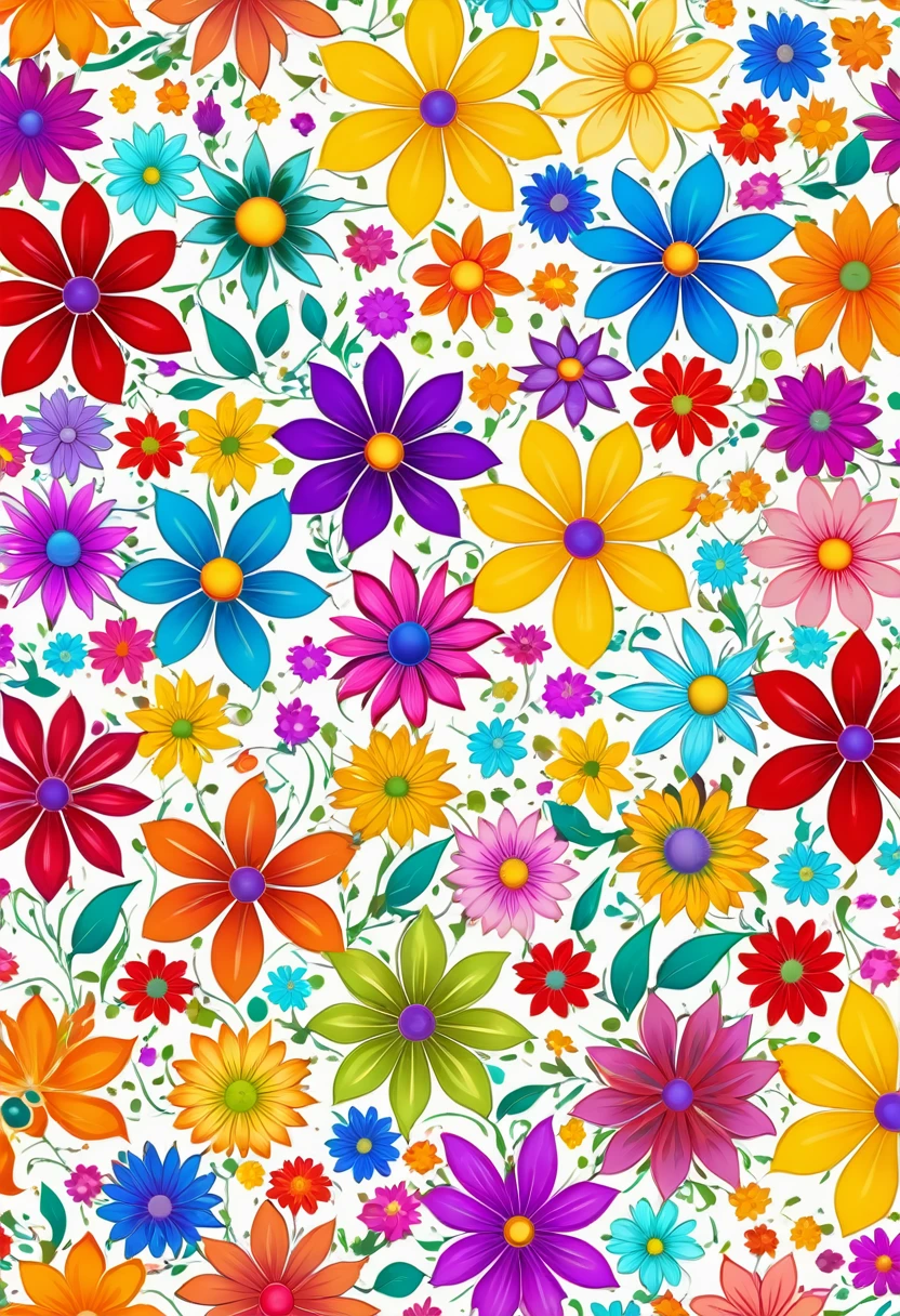 Pattern of colorful flowers in many colors on white background, Summer color pattern, Floral Pattern, flower power motifs, Garden flowers pattern, Seamless pattern design, Flowers colorful, flowery, Mottled flowers, flowery wallpaper, Seamless pattern :: symmetry, flower power, Flower background, Flower Wallpaper, Colorful flowers, Background chaos flowers, Repeating Pattern, Stylized geometric flowers