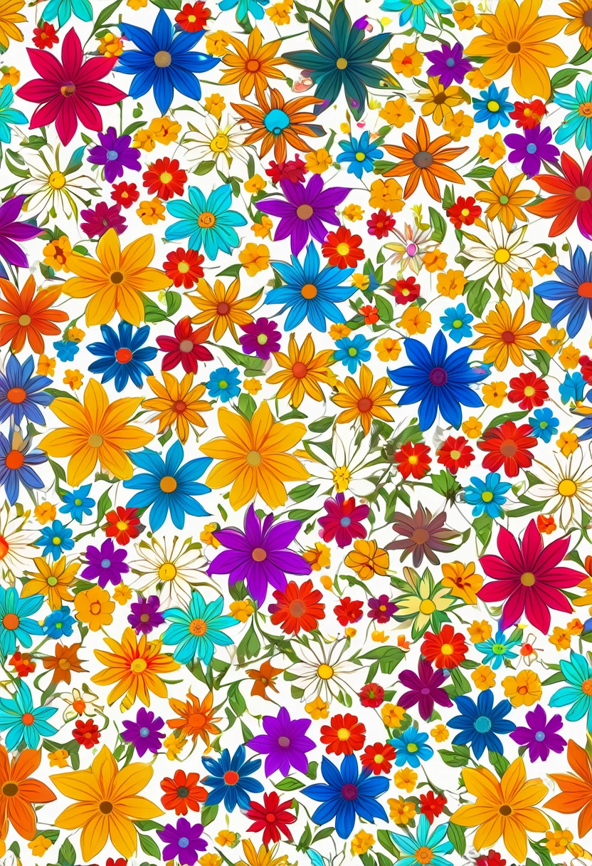 Pattern of colorful flowers in many colors on white background, Summer color pattern, Floral Pattern, flower power motifs, Garden flowers pattern, Seamless pattern design, Flowers colorful, flowery, Mottled flowers, flowery wallpaper, Seamless pattern :: symmetry, flower power, Flower background, Flower Wallpaper, Colorful flowers, Background chaos flowers, Repeating Pattern, Stylized geometric flowers