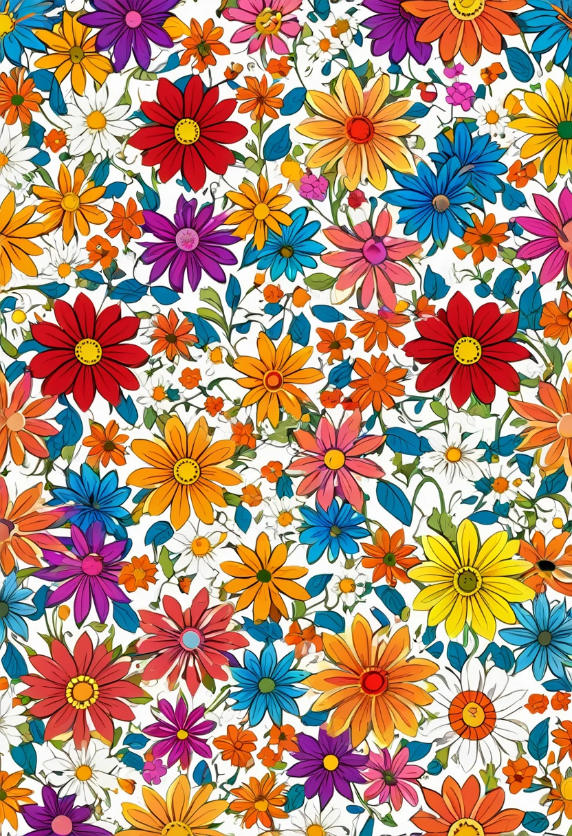 Pattern of colorful flowers in many colors on white background, Summer color pattern, Floral Pattern, flower power motifs, Garden flowers pattern, Seamless pattern design, Flowers colorful, flowery, Mottled flowers, flowery wallpaper, Seamless pattern :: symmetry, flower power, Flower background, Flower Wallpaper, Colorful flowers, Background chaos flowers, Repeating Pattern, Stylized geometric flowers