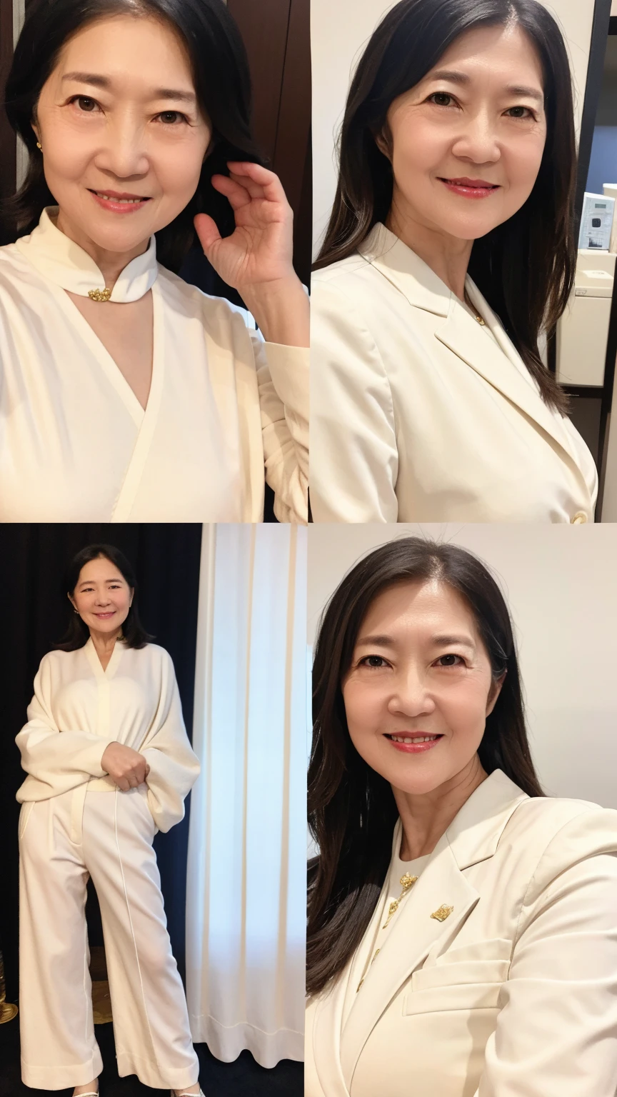60-year-old female, Soft headlight,High-density imaging,(Clean and delicate face),((White suit)),((Various dynamic poses)),((((Half-length photo)))),((White curtains in the background)),best quality,masterpiece,(Soft colors:1.2)