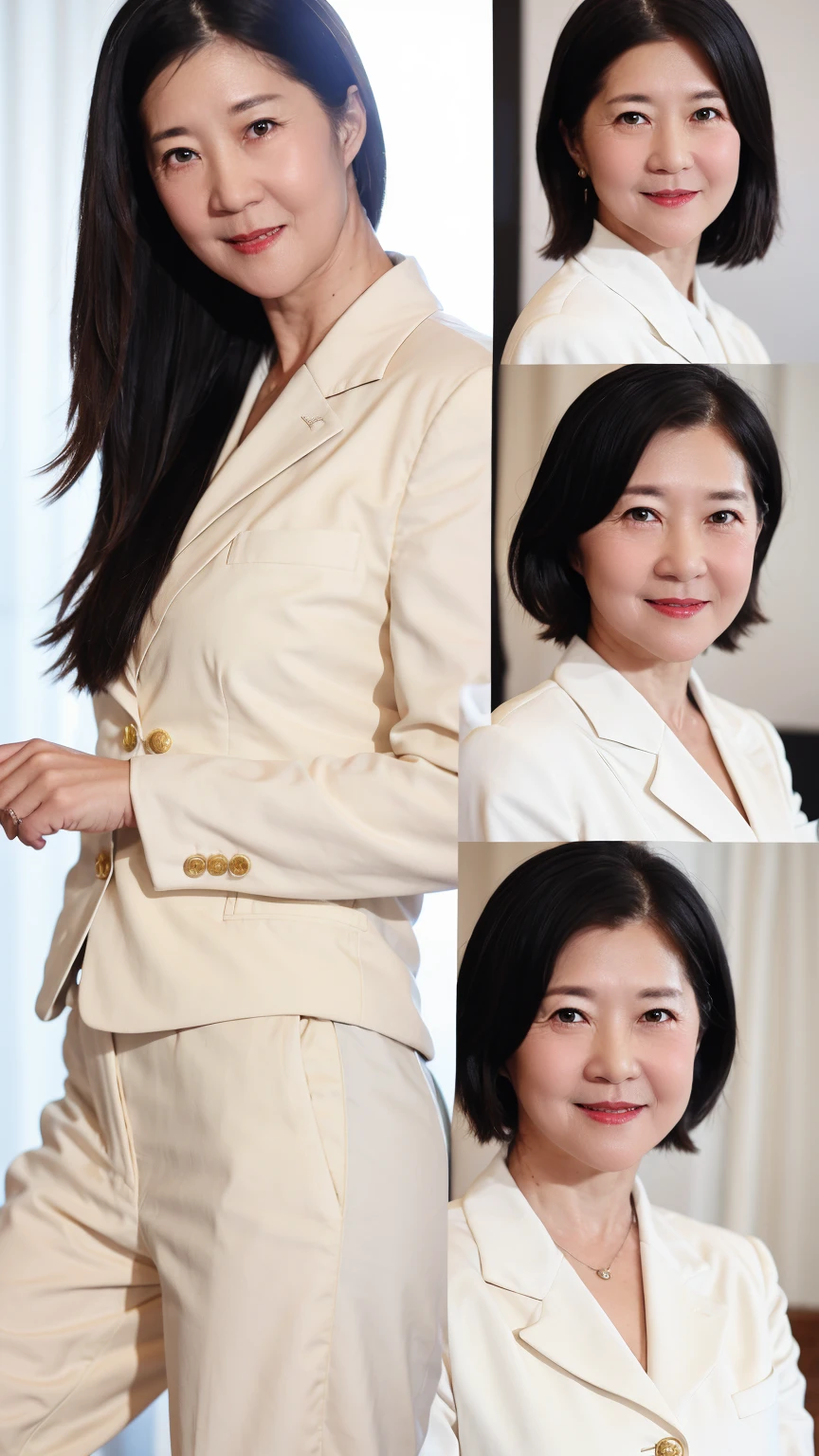 60-year-old female, Soft headlight,High-density imaging,(Clean and delicate face),((White suit)),((Various dynamic poses)),((((Half-length photo)))),((White curtains in the background)),best quality,masterpiece,(Soft colors:1.2)