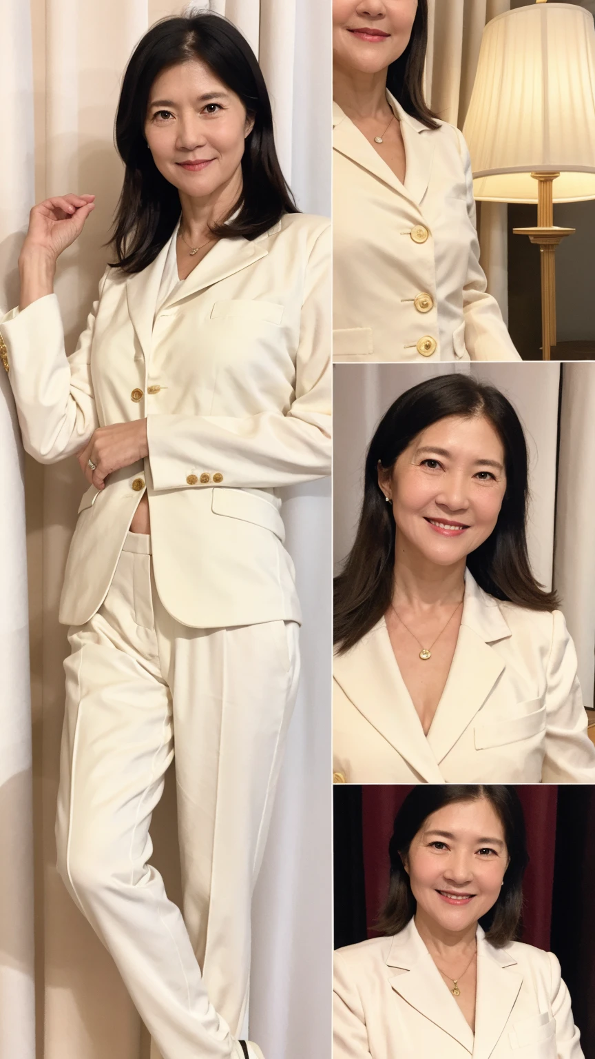 60-year-old female， Soft headlight，High-density imaging，（Clean and delicate face），((White suit))，((Various dynamic poses))，((((Half-length photo))))，((White curtains in the background))，best quality，masterpiece，（Soft colors：1.2）