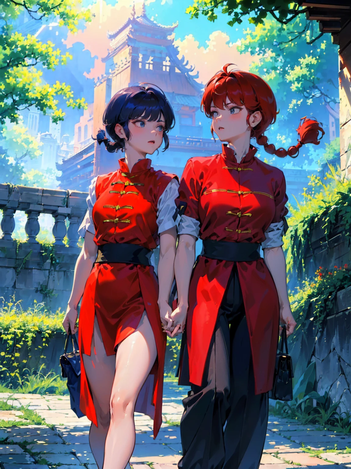 ((masterpiece:1.4)), expensive quality, very_expensive_solve, big_file size, Full Color, Thick outline, Clear contours, colorful, (Beautiful fine details, Are thin:1.4), ((Beautiful Face:1.0)), ((Boyish face:1.4)), 1 girl, (Ranma), (Redhead), short hair, (Braided Ponytail), ((bangs)), bumpy bangs, Blue-gray eyes, Big Breasts, Curvy, Ranma, Braided Ponytail, (Red Chinese Clothing, Short sleeves in red), No sleeve, Tangzhuang, (Black trousers), , Tangzhuang, (Black trousers), Are standing, ((, Are thin:1.4)), ((from the front:1.4)), Are thin:1.4
