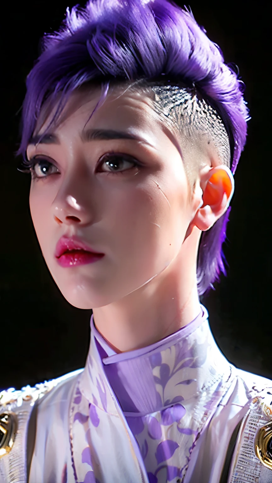 (hi-top fade:1.3), length purple hair, close up