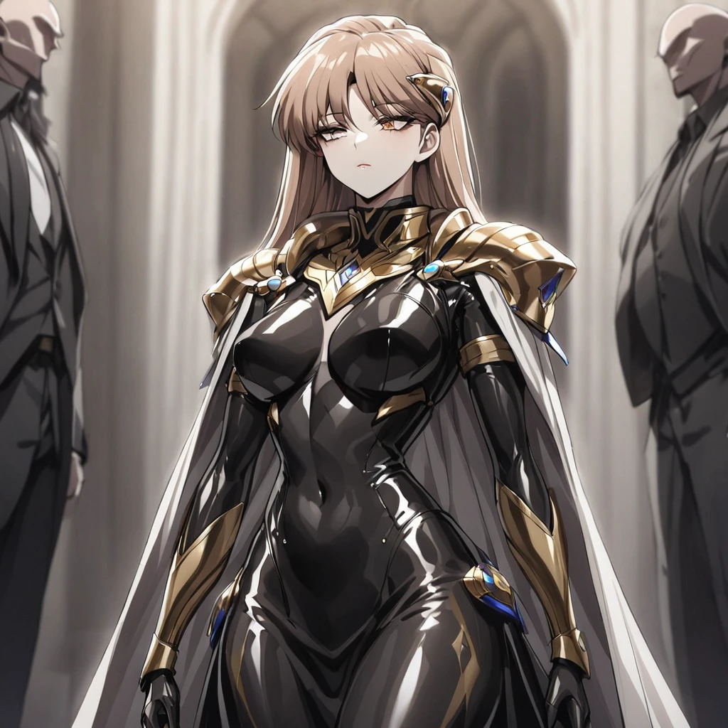 ((Highest quality)), ((masterpiece)), (detailed), (Perfect Face)、The woman is Princess Leona, with medium-long light brown hair, wearing a shiny, flashy, sexy, revealing black dress bodysuit, an open-front skirt, a cape, a headgear, lipstick and makeup, and is an evil female executive who is standing next to a man who is the dignified boss of an evil organization.、Women are brainwashed, expressionless, and have no highlights in their eyes.
