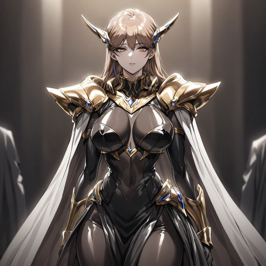 ((Highest quality)), ((masterpiece)), (detailed), (Perfect Face)、The woman is Princess Leona, with medium-long light brown hair, wearing a shiny, flashy, sexy, revealing black dress bodysuit, an open-front skirt, a cape, a headgear, lipstick and makeup, and is an evil female executive who is standing next to a man who is the dignified boss of an evil organization.、Women are brainwashed, expressionless, and have no highlights in their eyes.