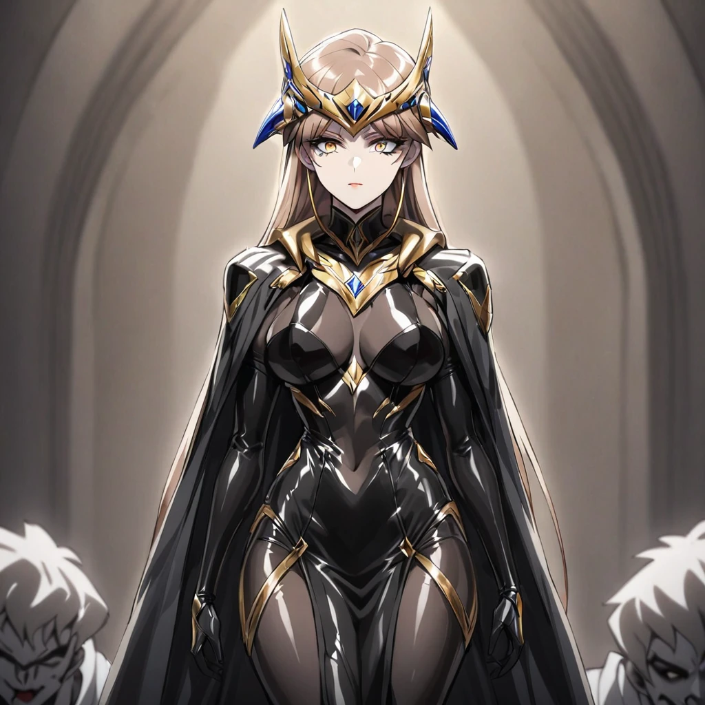((Highest quality)), ((masterpiece)), (detailed), (Perfect Face)、The woman is Princess Leona, with medium-long light brown hair, wearing a shiny, flashy, sexy, revealing black dress bodysuit, an open-front skirt, a cape, a headgear, lipstick and makeup, and is an evil female executive who is standing next to a man who is the dignified boss of an evil organization.、Women are brainwashed, expressionless, and have no highlights in their eyes.