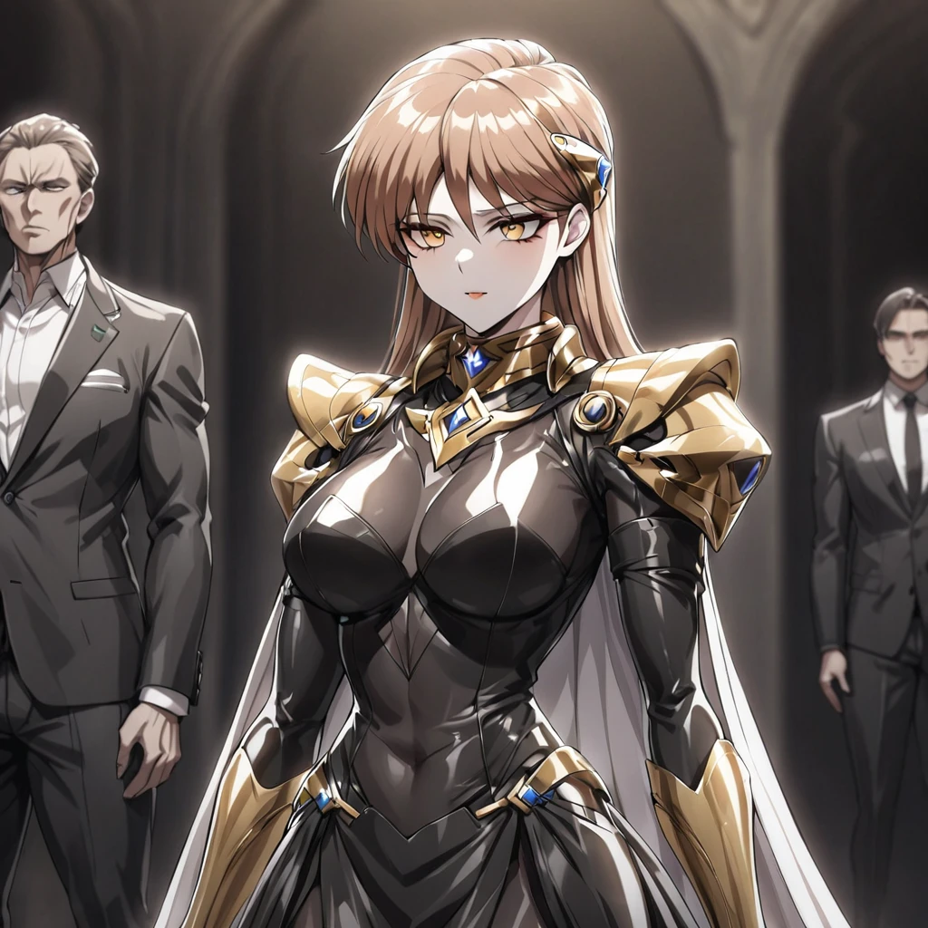((Highest quality)), ((masterpiece)), (detailed), (Perfect Face)、The woman is Princess Leona, with medium-long light brown hair, wearing a shiny, flashy, sexy, revealing black dress bodysuit, an open-front skirt, a cape, a headgear, lipstick and makeup, and is an evil female executive who is standing next to a man who is the dignified boss of an evil organization.、Women are brainwashed, expressionless, and have no highlights in their eyes.