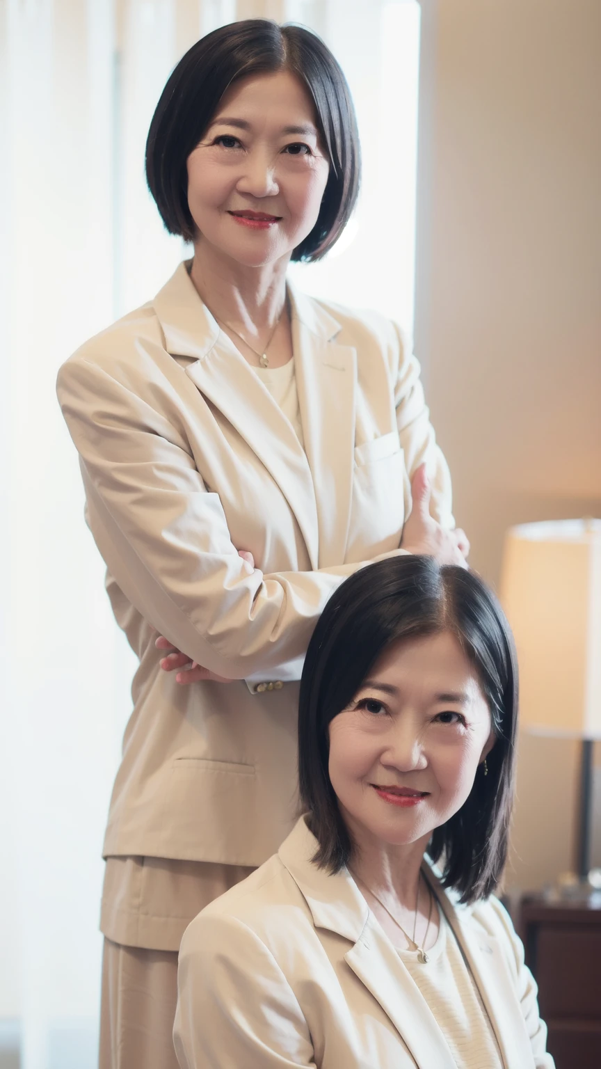 60-year-old female, Soft headlight,High-density imaging,(Clean and delicate face),((White suit)),((Various dynamic poses)),((((Half-length photo)))),((White curtains in the background)),best quality,masterpiece,(Soft colors:1.2)