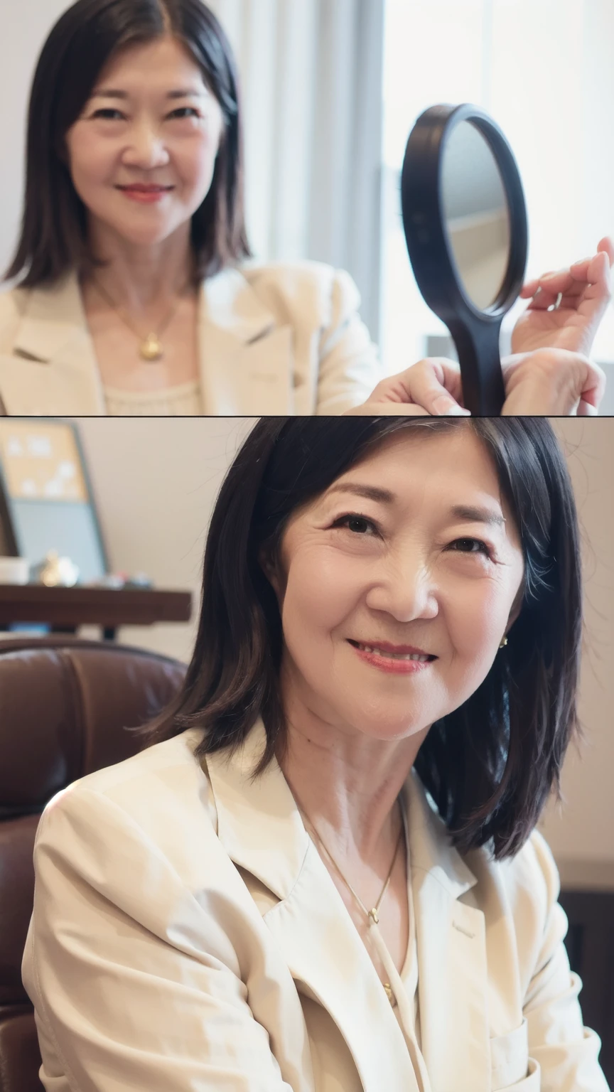 60-year-old female, Soft headlight,High-density imaging,(Clean and delicate face),((White suit)),((Various dynamic poses)),((((Half-length photo)))),((White curtains in the background)),best quality,masterpiece,(Soft colors:1.2)