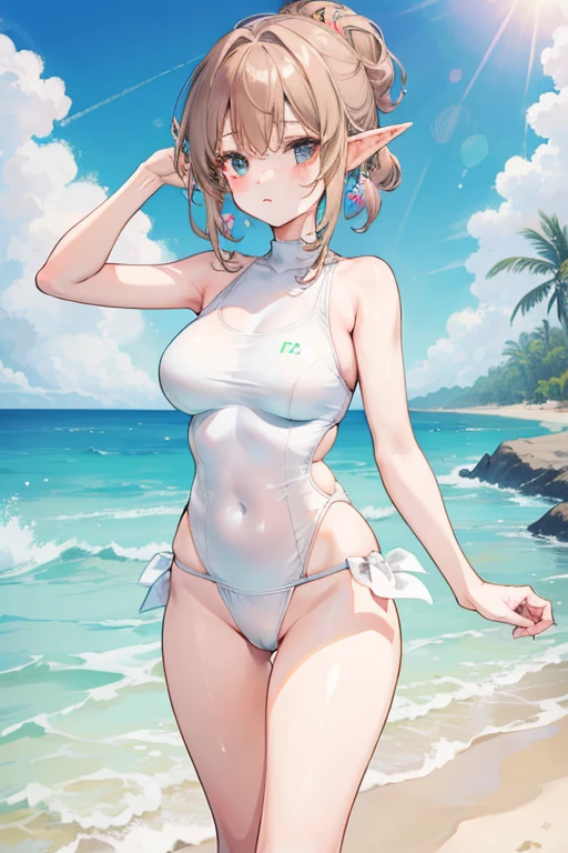 1 girl, pastel colours, brown-hair, hair up to the shoulders, elf ears, tight split swimsuit, Beach, Huge-breasts, small girl, confusion, Large thighs